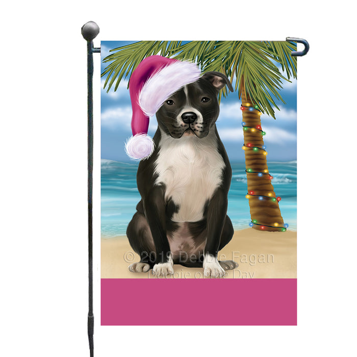 Personalized Summertime Happy Holidays Christmas Pibull Dog on Tropical Island Beach  Custom Garden Flags GFLG-DOTD-A60503