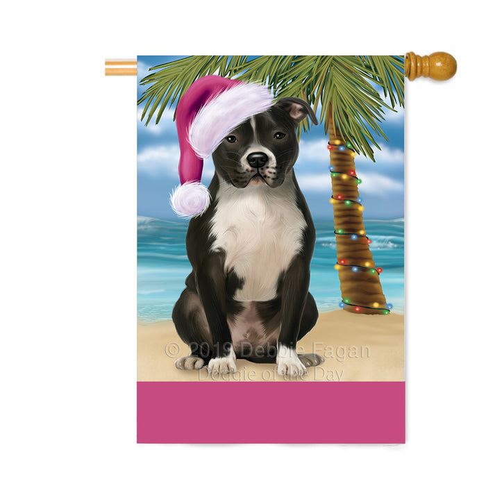 Personalized Summertime Happy Holidays Christmas Pibull Dog on Tropical Island Beach Custom House Flag FLG-DOTD-A60559