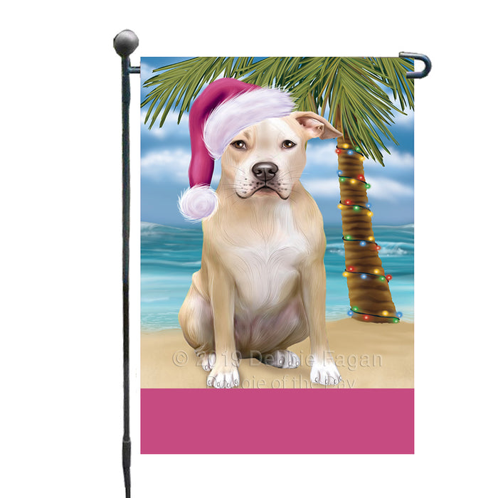Personalized Summertime Happy Holidays Christmas Pibull Dog on Tropical Island Beach  Custom Garden Flags GFLG-DOTD-A60504