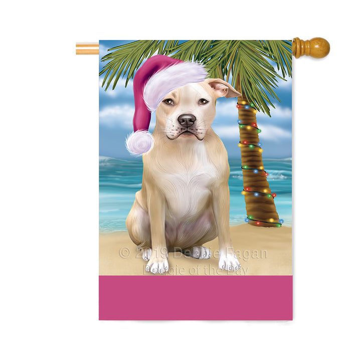 Personalized Summertime Happy Holidays Christmas Pibull Dog on Tropical Island Beach Custom House Flag FLG-DOTD-A60560