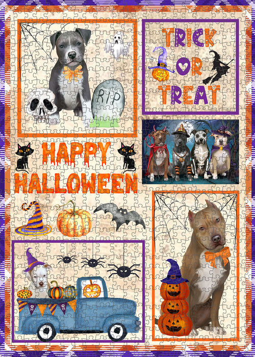 Happy Halloween Trick or Treat Pitbull Dogs Portrait Jigsaw Puzzle for Adults Animal Interlocking Puzzle Game Unique Gift for Dog Lover's with Metal Tin Box