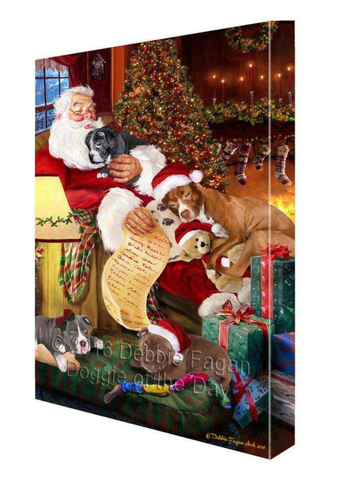 Pit Bull Dog and Puppies Sleeping with Santa Painting Printed on Canvas Wall Art