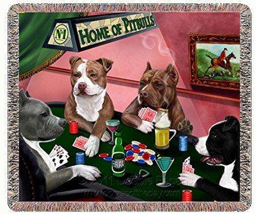 Pit Bull Playing Poker Woven Throw Blanket 54 x 38