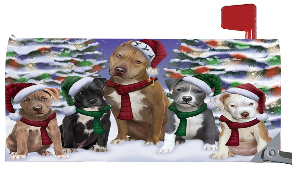 Magnetic Mailbox Cover Pit Bulls Dog Christmas Family Portrait in Holiday Scenic Background MBC48241