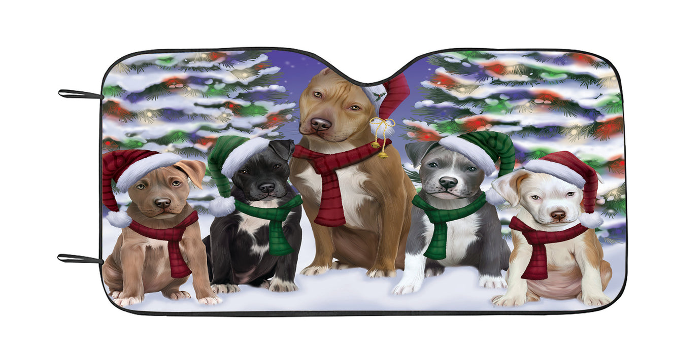 Pit Bull Dogs Christmas Family Portrait in Holiday Scenic Background Car Sun Shade