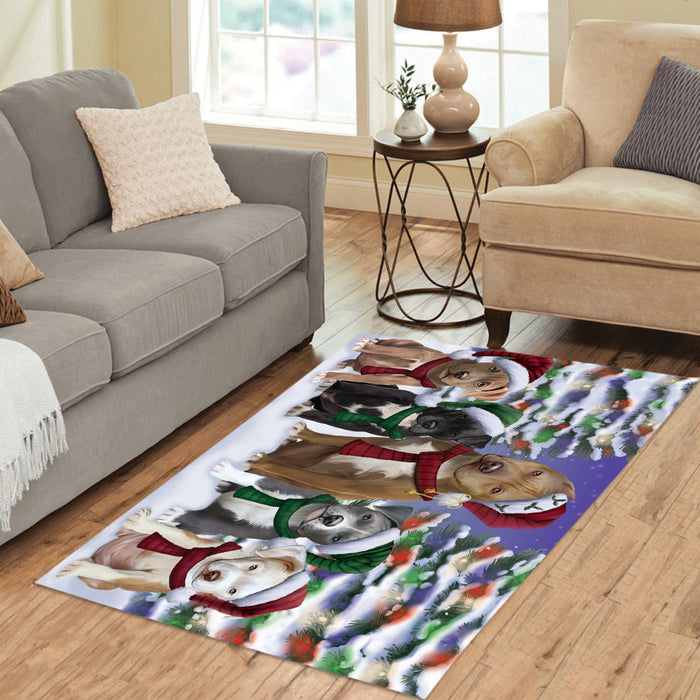 Pit Bull Dogs Christmas Family Portrait in Holiday Scenic Background Area Rug