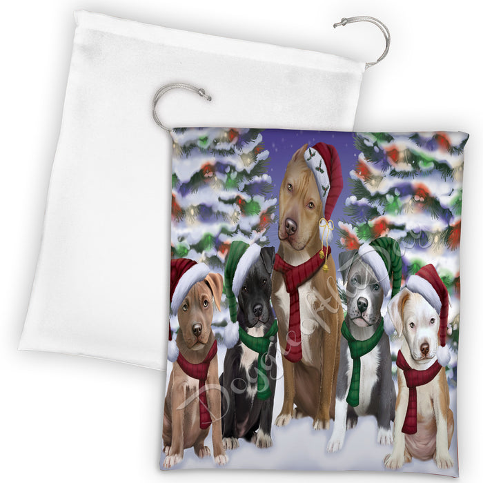 Pitbull Dogs Christmas Family Portrait in Holiday Scenic Background Drawstring Laundry or Gift Bag LGB48162