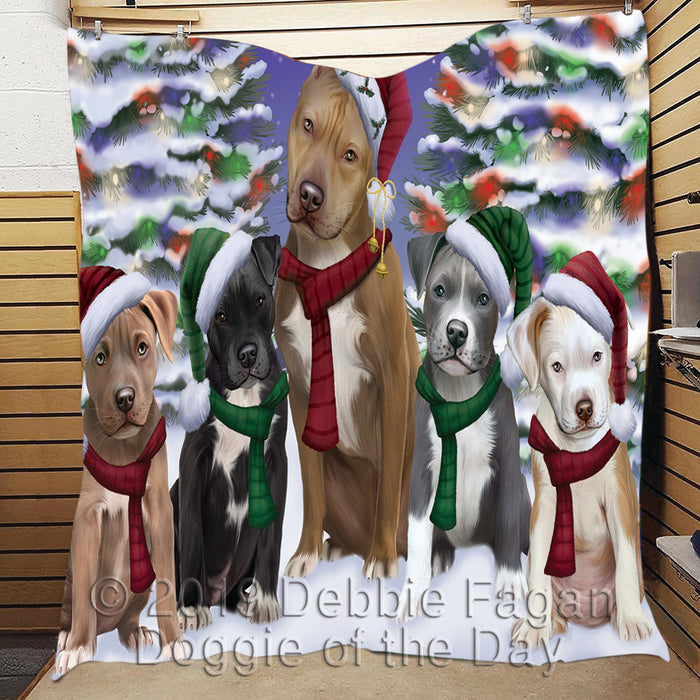 Pit Bull Dogs Christmas Family Portrait in Holiday Scenic Background Quilt