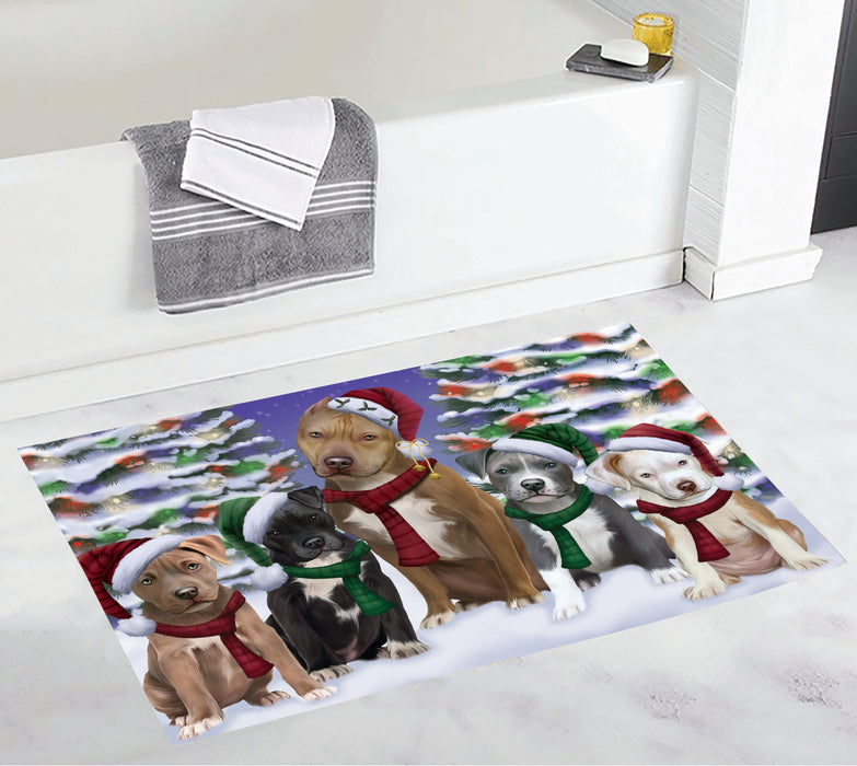 Pit Bull Dogs Christmas Family Portrait in Holiday Scenic Background Bath Mat