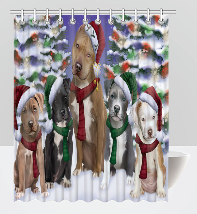 Pit Bull Dogs Christmas Family Portrait in Holiday Scenic Background Shower Curtain