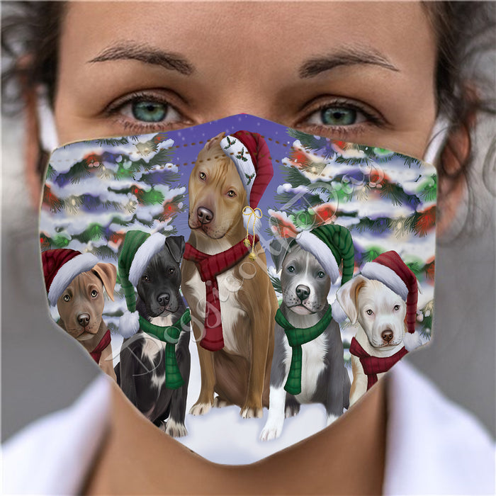 Pitbull Dogs Christmas Family Portrait in Holiday Scenic Background Face Mask FM48364