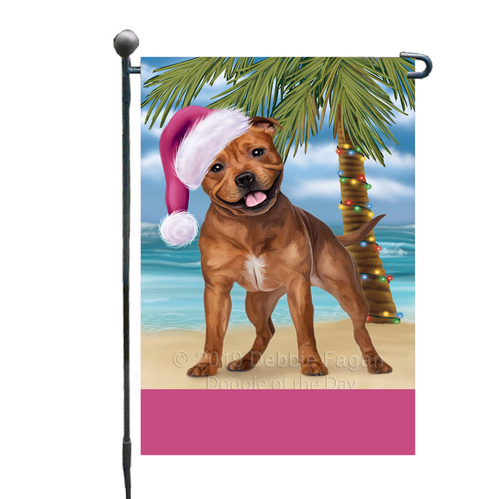 Personalized Summertime Happy Holidays Christmas Pibull Dog on Tropical Island Beach  Custom Garden Flags GFLG-DOTD-A60505