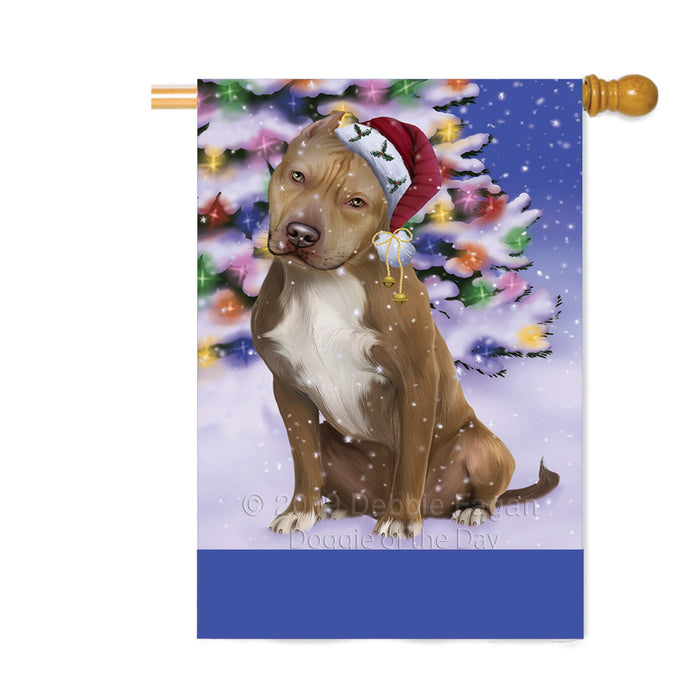 Personalized Winterland Wonderland Pit Bull Dog In Christmas Holiday Scenic Background Custom House Flag FLG-DOTD-A61415