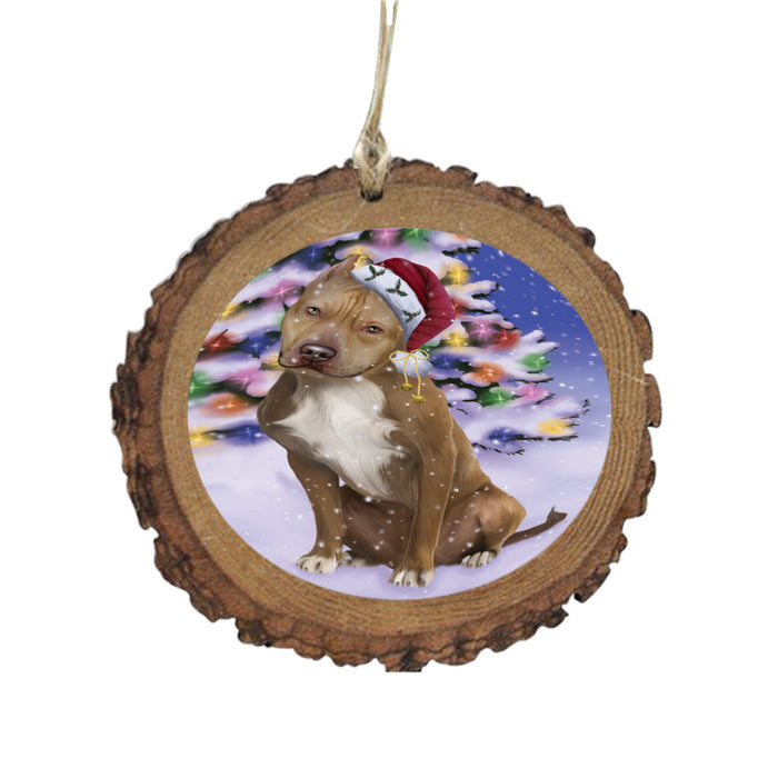 Winterland Wonderland Pit Bull Dog In Christmas Holiday Scenic Background Wooden Christmas Ornament WOR49613