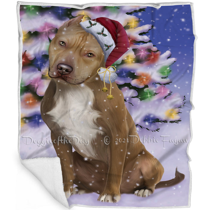 Winterland Wonderland Pit Bull Dog In Christmas Holiday Scenic Background Blanket D201