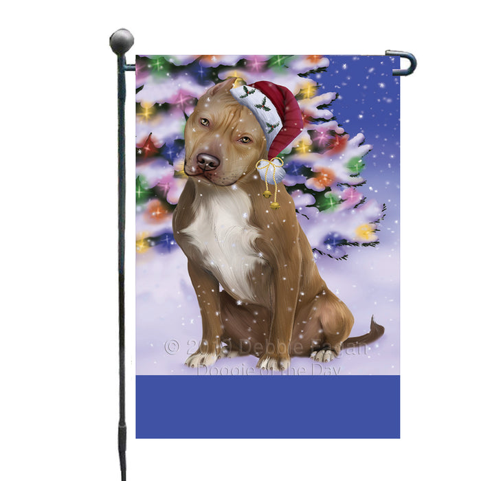 Personalized Winterland Wonderland Pit Bull Dog In Christmas Holiday Scenic Background Custom Garden Flags GFLG-DOTD-A61359