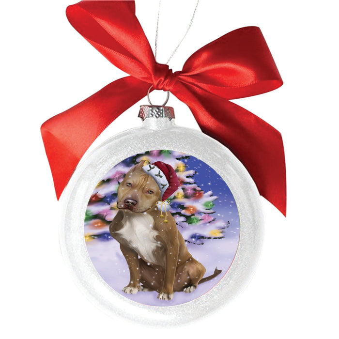 Winterland Wonderland Pit Bull Dog In Christmas Holiday Scenic Background White Round Ball Christmas Ornament WBSOR49613