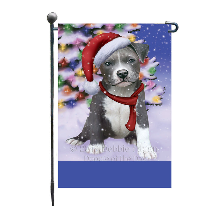 Personalized Winterland Wonderland Pit Bull Dog In Christmas Holiday Scenic Background Custom Garden Flags GFLG-DOTD-A61360