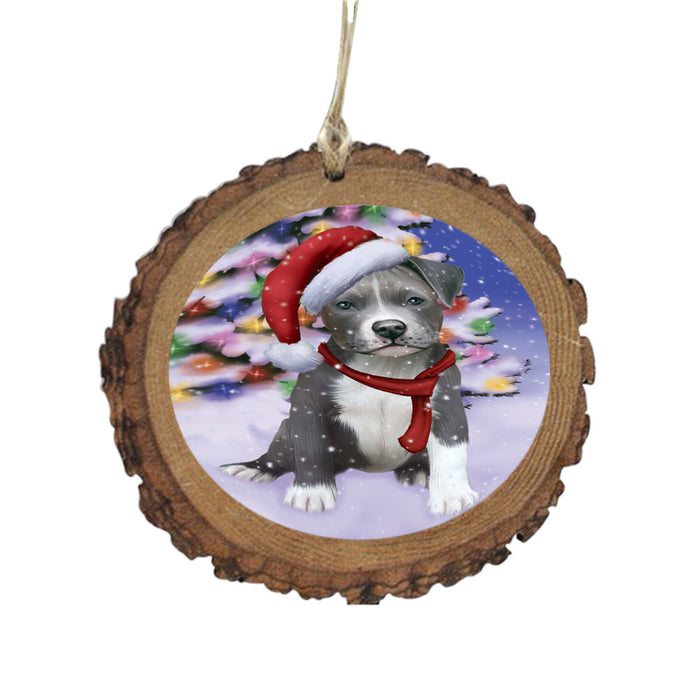 Winterland Wonderland Pit Bull Dog In Christmas Holiday Scenic Background Wooden Christmas Ornament WOR49614