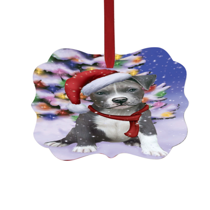 Winterland Wonderland Pit Bull Dog In Christmas Holiday Scenic Background Double-Sided Photo Benelux Christmas Ornament LOR49614
