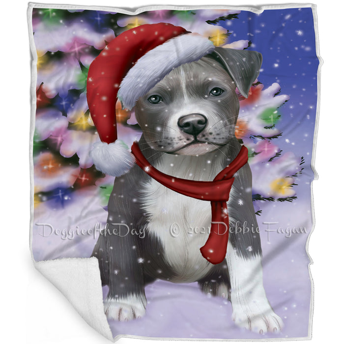 Winterland Wonderland Pit Bull Dog In Christmas Holiday Scenic Background Blanket D202