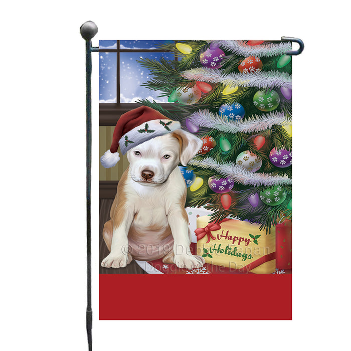 Personalized Christmas Happy Holidays Pit Bull Dog with Tree and Presents Custom Garden Flags GFLG-DOTD-A58653