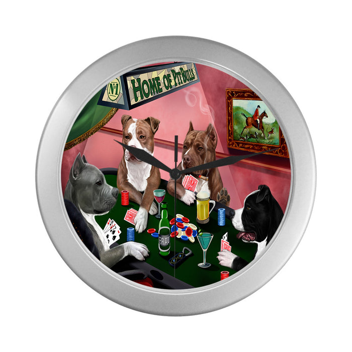 Home of Pit Bull Dogs Playing Poker Silver Wall Clocks