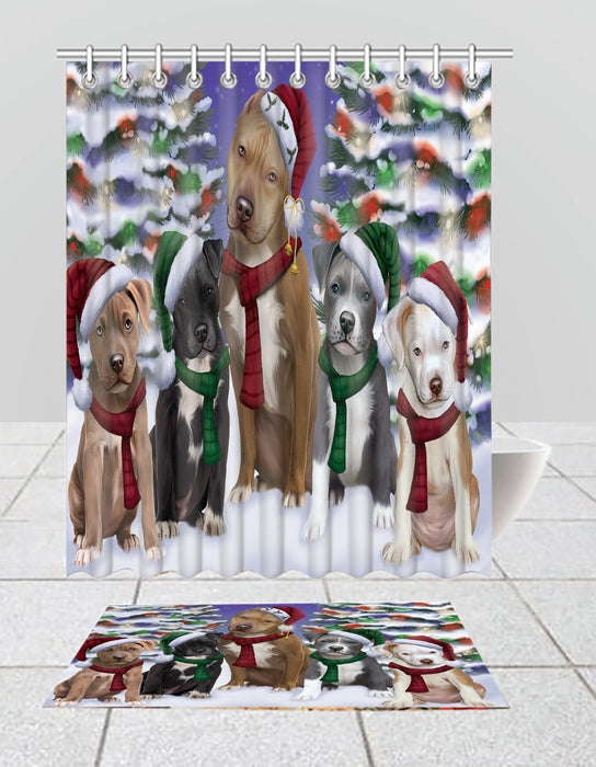 Pit Bull Dogs Christmas Family Portrait in Holiday Scenic Background  Bath Mat and Shower Curtain Combo