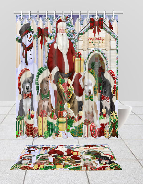 Happy Holidays Christmas Pit Bull Dogs House Gathering Bath Mat and Shower Curtain Combo