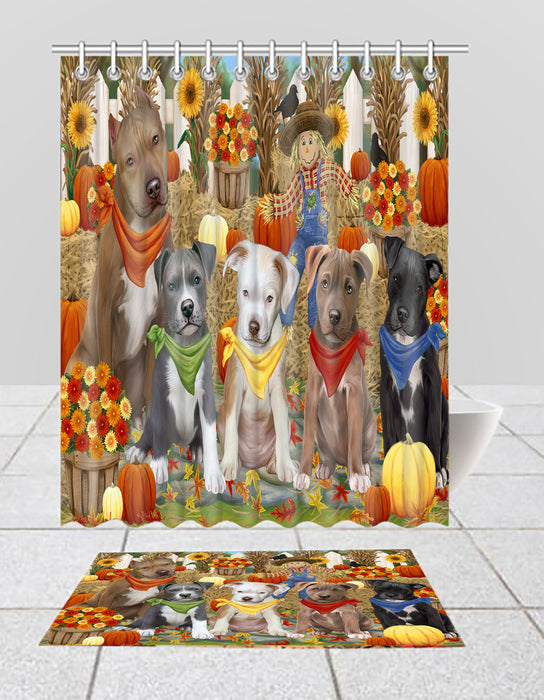 Fall Festive Harvest Time Gathering Pit Bull Dogs Bath Mat and Shower Curtain Combo