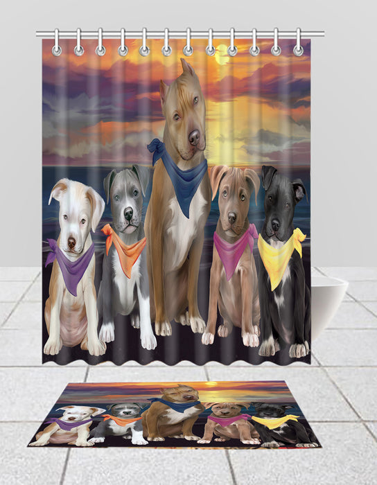 Family Sunset Portrait Pit Bull Dogs Bath Mat and Shower Curtain Combo
