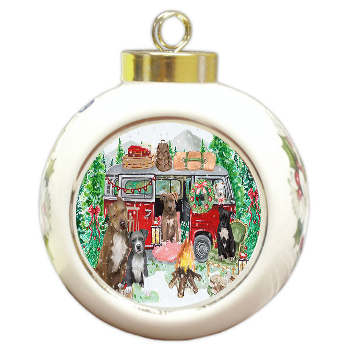 Christmas Time Camping with Pitbull Dogs Round Ball Christmas Ornament Pet Decorative Hanging Ornaments for Christmas X-mas Tree Decorations - 3" Round Ceramic Ornament