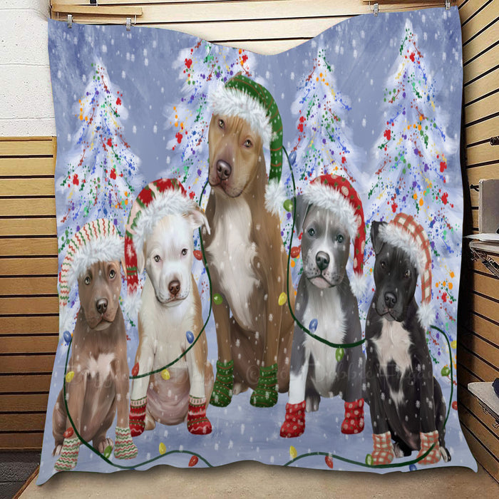 Christmas Lights and Pitbull Dogs  Quilt Bed Coverlet Bedspread - Pets Comforter Unique One-side Animal Printing - Soft Lightweight Durable Washable Polyester Quilt