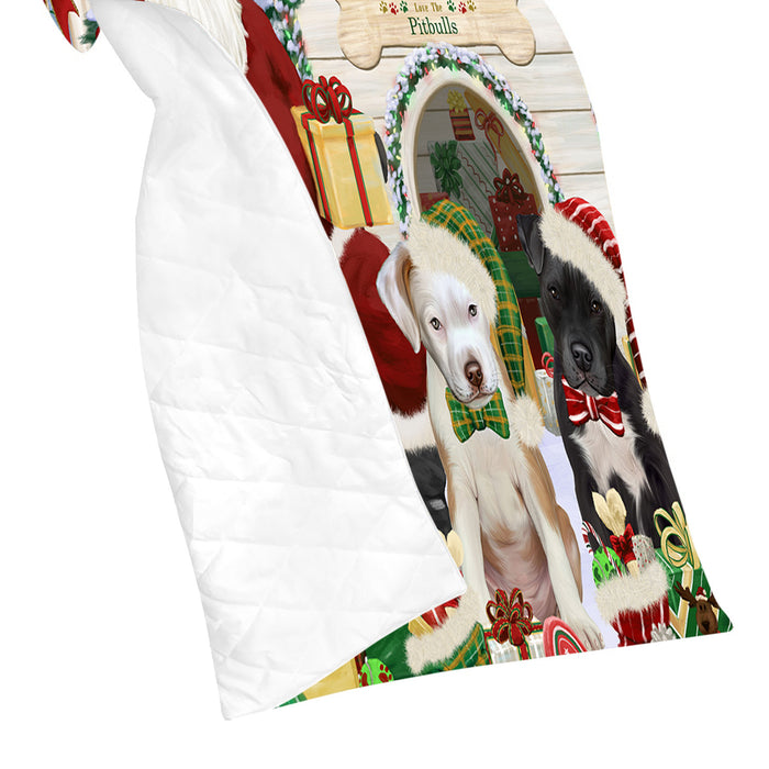Happy Holidays Christmas Pit Bull Dogs House Gathering Quilt