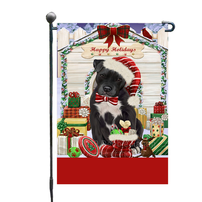 Personalized Happy Holidays Christmas Pit Bull Dog House with Presents Custom Garden Flags GFLG-DOTD-A59352