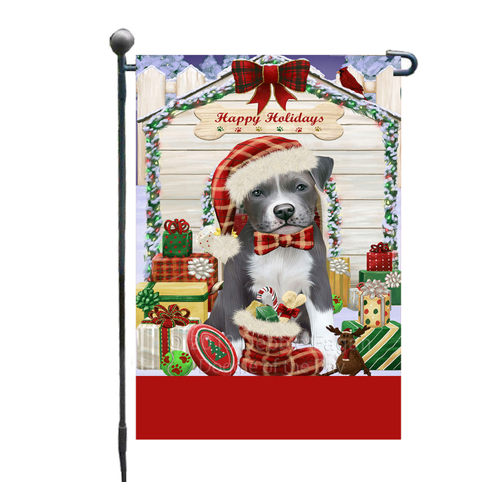 Personalized Happy Holidays Christmas Pit Bull Dog House with Presents Custom Garden Flags GFLG-DOTD-A59351