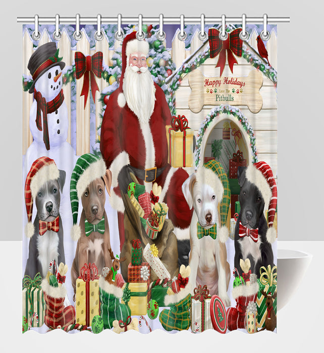 Happy Holidays Christmas Pit Bull Dogs House Gathering Shower Curtain