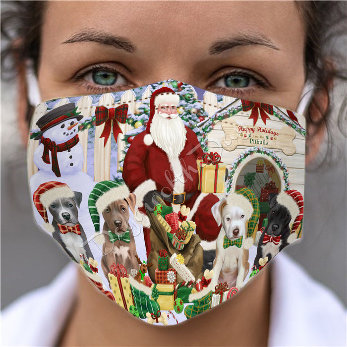Happy Holidays Christmas Pitbull Dogs House Gathering Face Mask FM48268