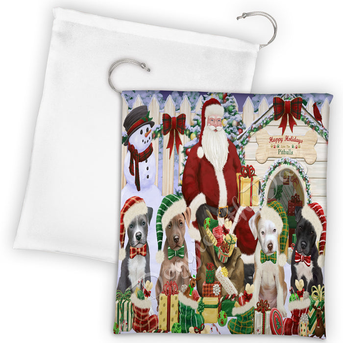 Happy Holidays Christmas Pitbull Dogs House Gathering Drawstring Laundry or Gift Bag LGB48066