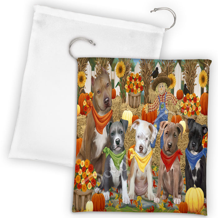Fall Festive Harvest Time Gathering Pitbull Dogs Drawstring Laundry or Gift Bag LGB48424