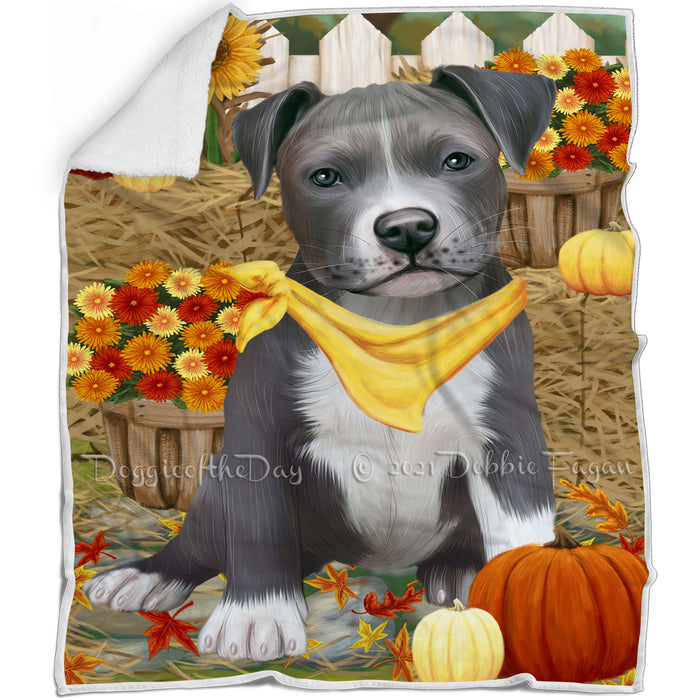 Fall Autumn Greeting Pit Bull Dog with Pumpkins Blanket BLNKT73488