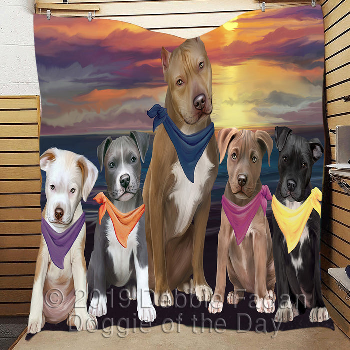 Family Sunset Portrait Pit Bull Dogs Quilt