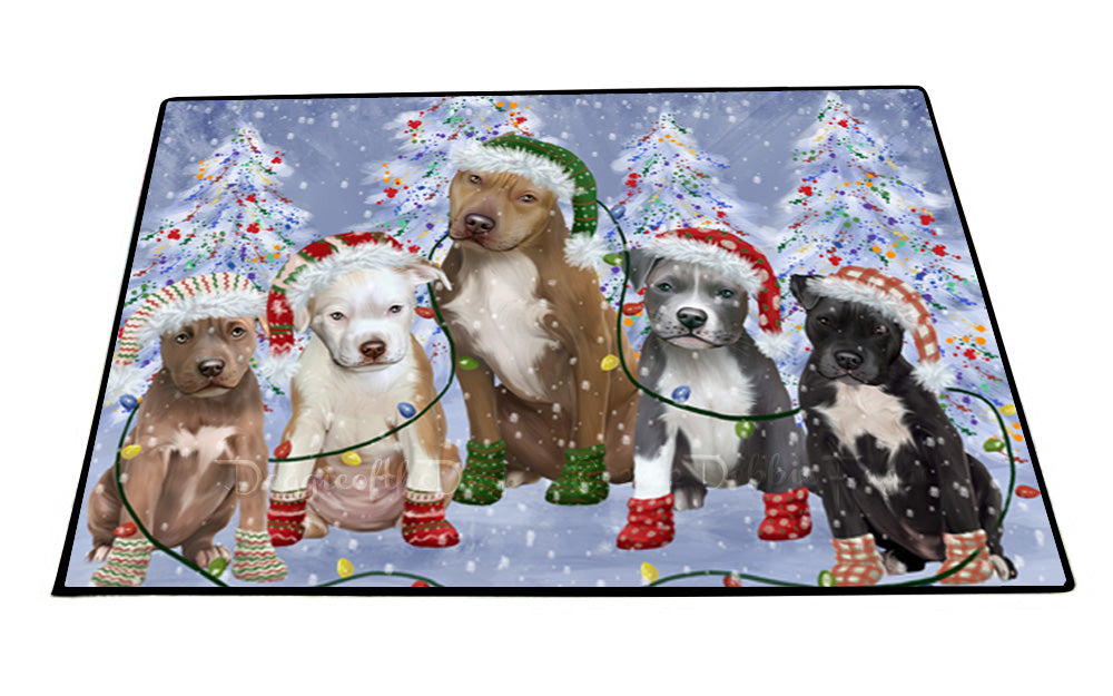Christmas Lights and Pitbull Dogs Floor Mat- Anti-Slip Pet Door Mat Indoor Outdoor Front Rug Mats for Home Outside Entrance Pets Portrait Unique Rug Washable Premium Quality Mat