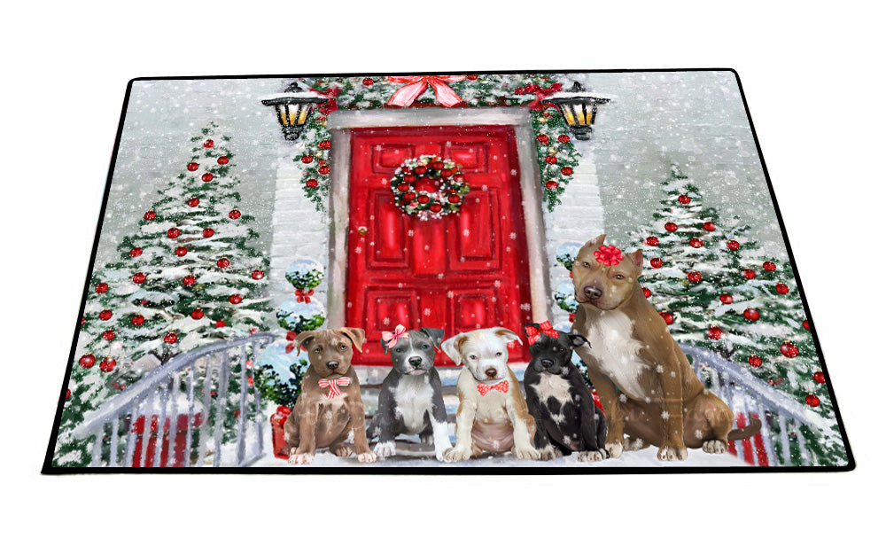 Christmas Holiday Welcome Pitbull Dogs Floor Mat- Anti-Slip Pet Door Mat Indoor Outdoor Front Rug Mats for Home Outside Entrance Pets Portrait Unique Rug Washable Premium Quality Mat