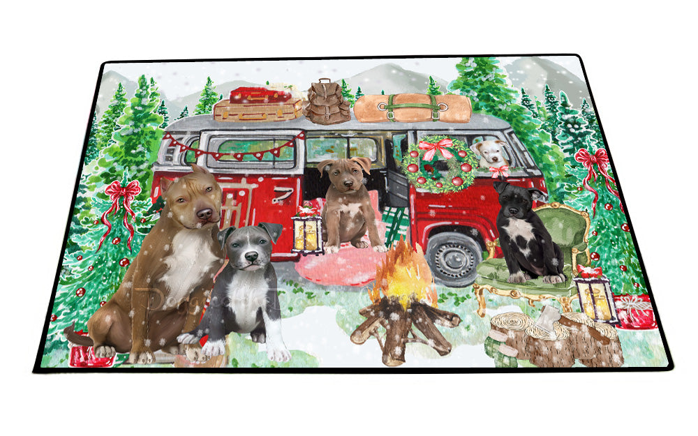 Christmas Time Camping with Pitbull Dogs Floor Mat- Anti-Slip Pet Door Mat Indoor Outdoor Front Rug Mats for Home Outside Entrance Pets Portrait Unique Rug Washable Premium Quality Mat