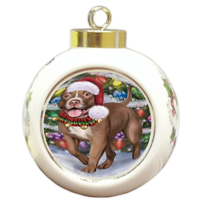 Trotting in the Snow Pitbull Dog Round Ball Christmas Ornament RBPOR58460