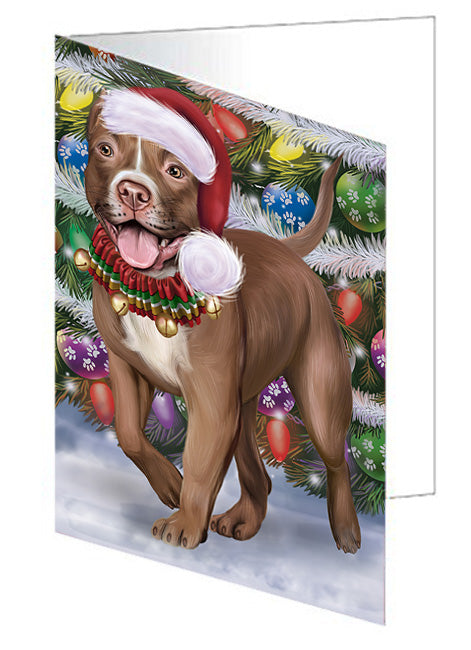 Trotting in the Snow Pitbull Dog Handmade Artwork Assorted Pets Greeting Cards and Note Cards with Envelopes for All Occasions and Holiday Seasons GCD75407