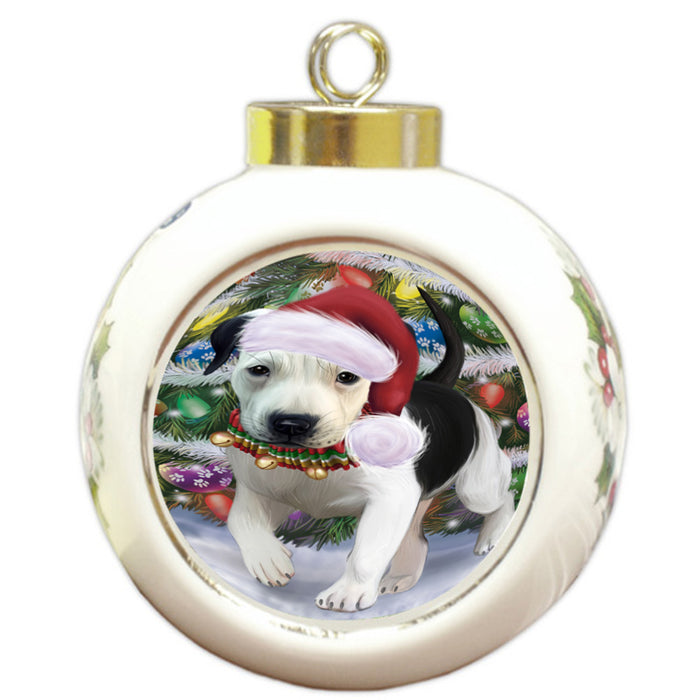 Trotting in the Snow Pitbull Dog Round Ball Christmas Ornament RBPOR58461