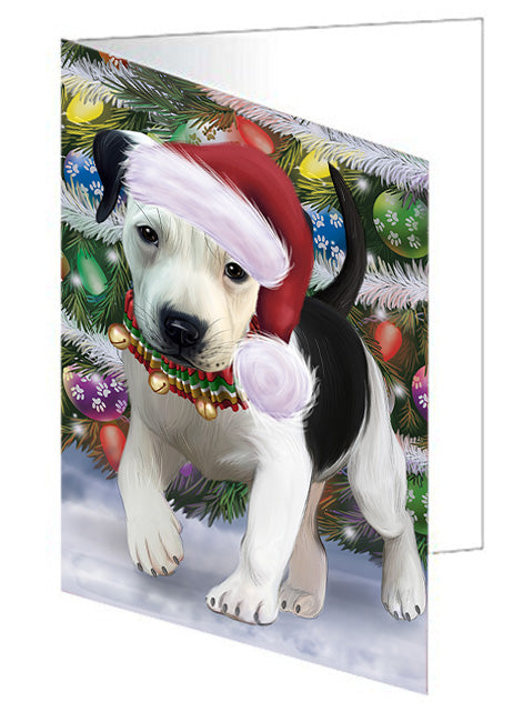 Trotting in the Snow Pitbull Dog Handmade Artwork Assorted Pets Greeting Cards and Note Cards with Envelopes for All Occasions and Holiday Seasons GCD75410