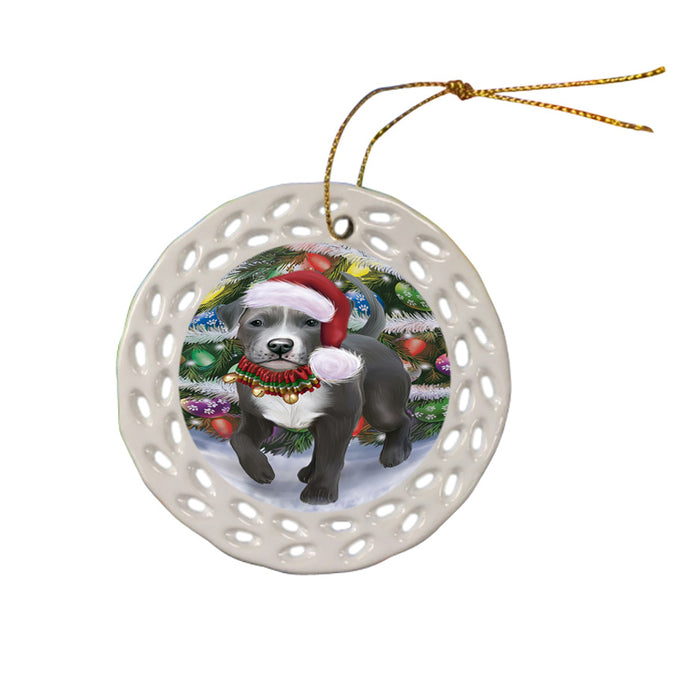 Trotting in the Snow Pitbull Dog Doily Ornament DPOR58118